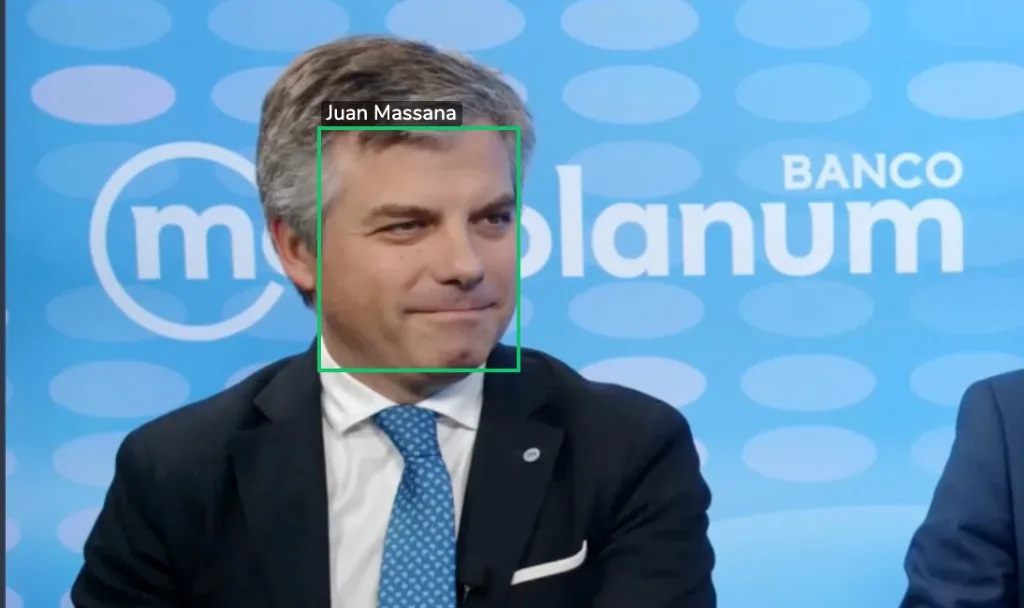 Arena Pro face recognition drawing a named box around a recognised person in a recorded panel session
